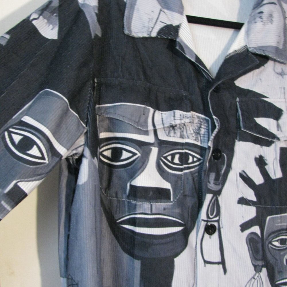 * Unbranded Blue Corduroy Button Up Shirt Medium New NWOT Ethnic Tribal Gray - Picture 3 of 5